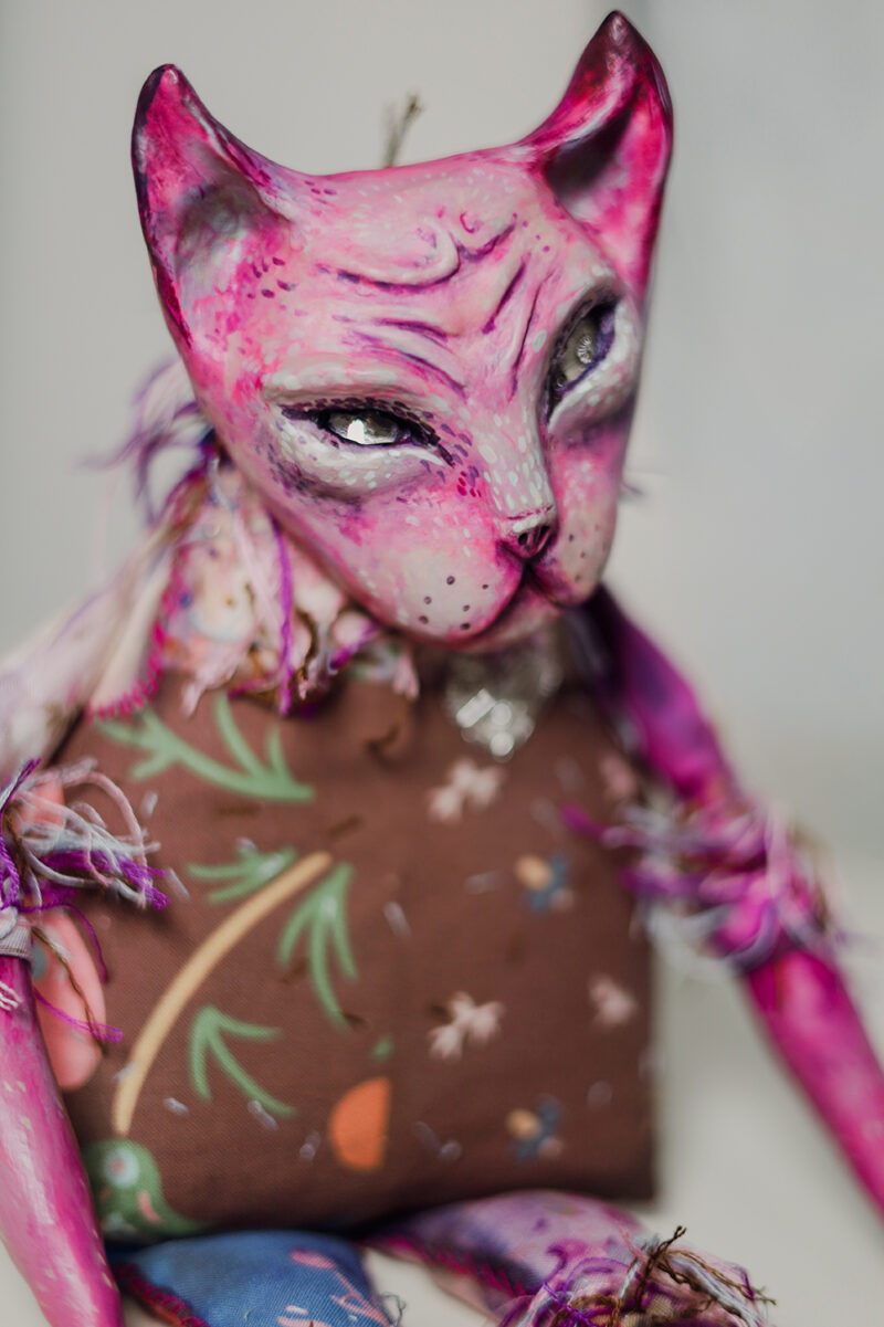 OOAK Pink Cat Art Doll with Vintage Trinket Box – Paper Mache & Textile Collectible with Crystal Eyes