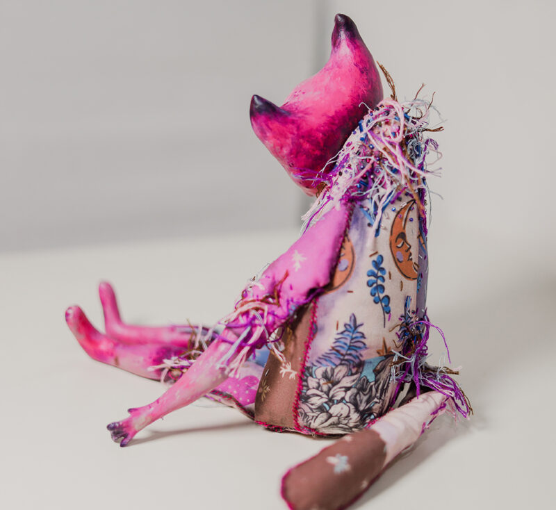 OOAK Pink Cat Art Doll with Vintage Trinket Box – Paper Mache & Textile Collectible with Crystal Eyes