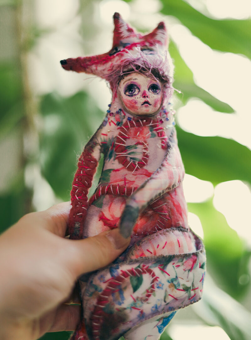 OOAK Pink Fox Spirit Wall Hanging – Handmade Textile and Clay Art Doll with Human Face