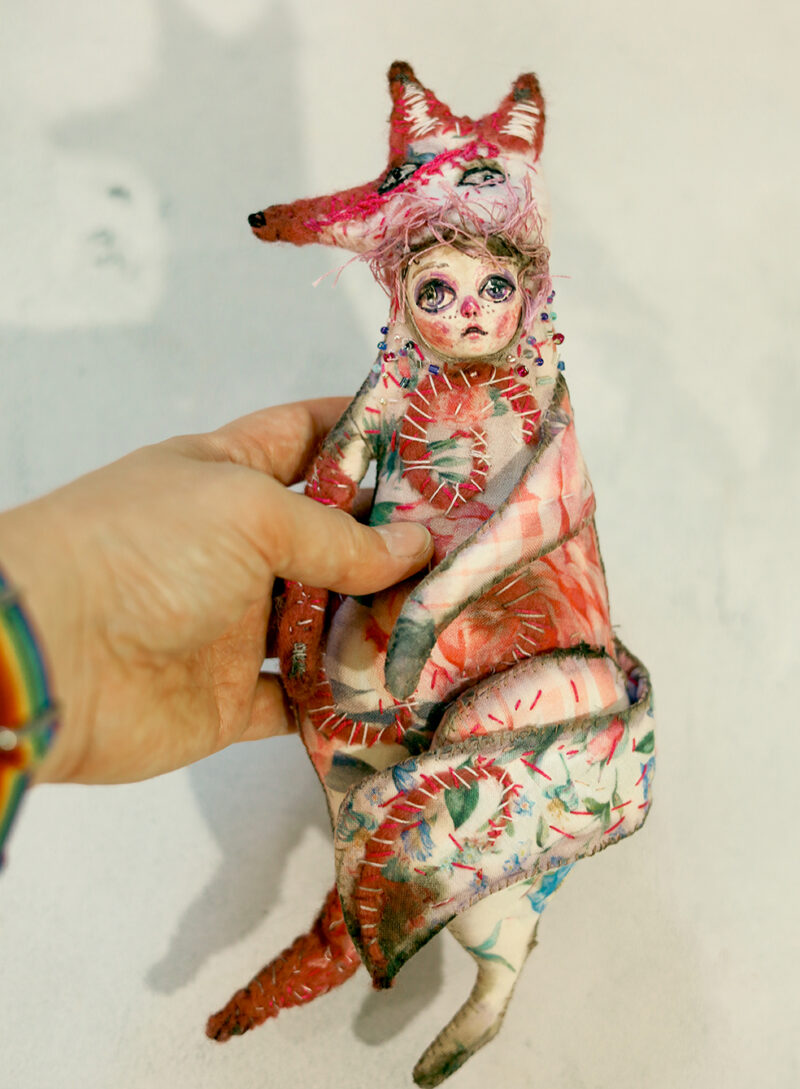 OOAK Pink Fox Spirit Wall Hanging – Handmade Textile and Clay Art Doll with Human Face