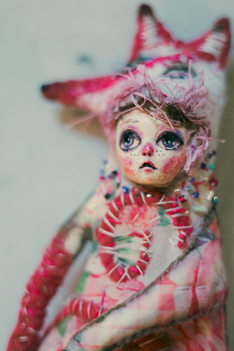 OOAK Pink Fox Spirit Wall Hanging – Handmade Textile and Clay Art Doll with Human Face