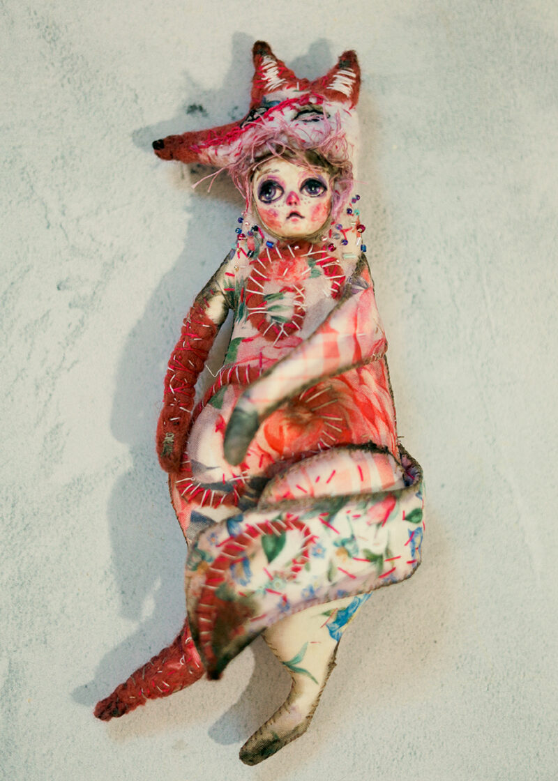 OOAK Pink Fox Spirit Wall Hanging – Handmade Textile and Clay Art Doll with Human Face