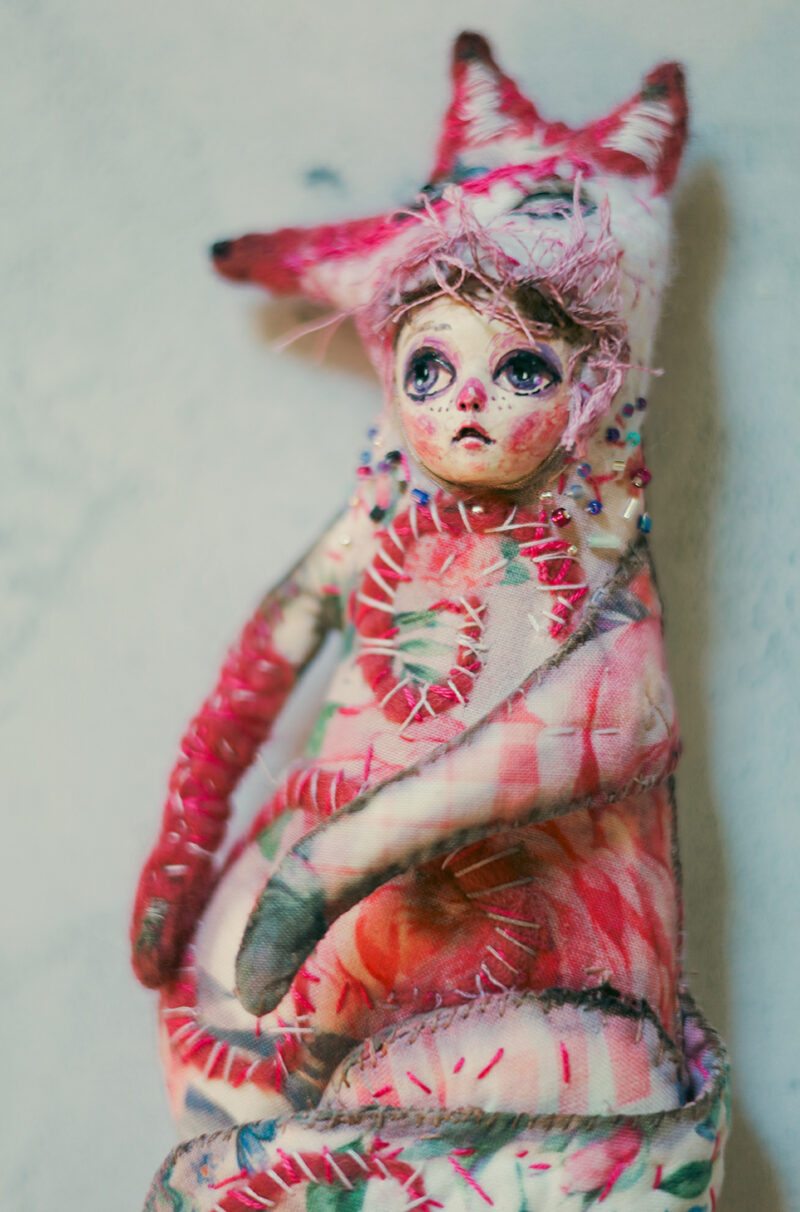 OOAK Pink Fox Spirit Wall Hanging – Handmade Textile and Clay Art Doll with Human Face