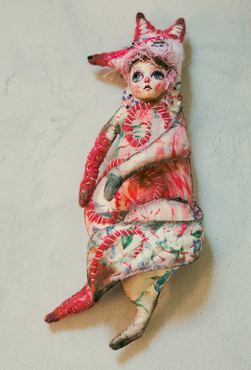 OOAK Pink Fox Spirit Wall Hanging – Handmade Textile and Clay Art Doll with Human Face