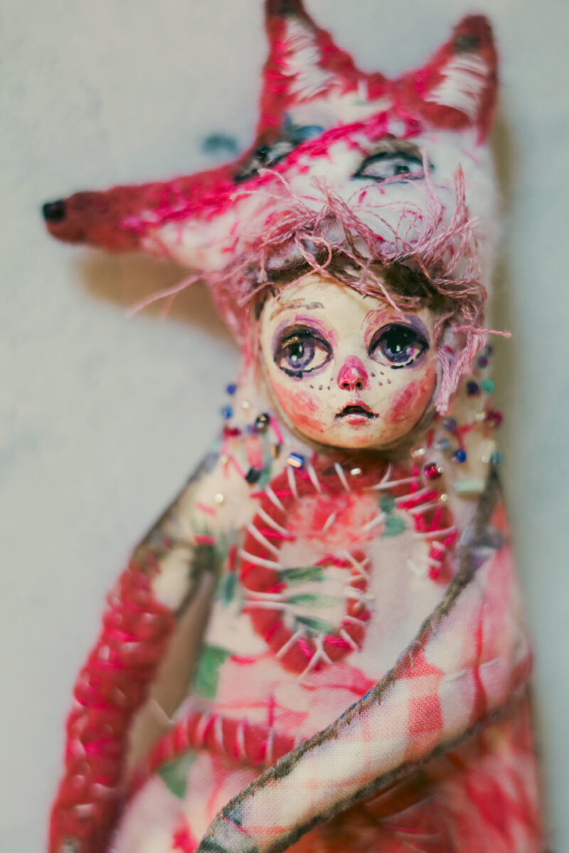 OOAK Pink Fox Spirit Wall Hanging – Handmade Textile and Clay Art Doll with Human Face