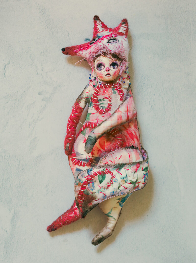 OOAK Pink Fox Spirit Wall Hanging – Handmade Textile and Clay Art Doll with Human Face