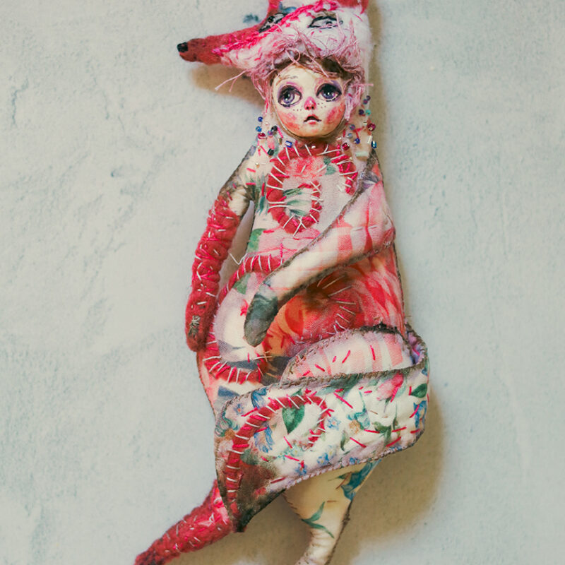 OOAK Pink Fox Spirit Wall Hanging – Handmade Textile and Clay Art Doll with Human Face