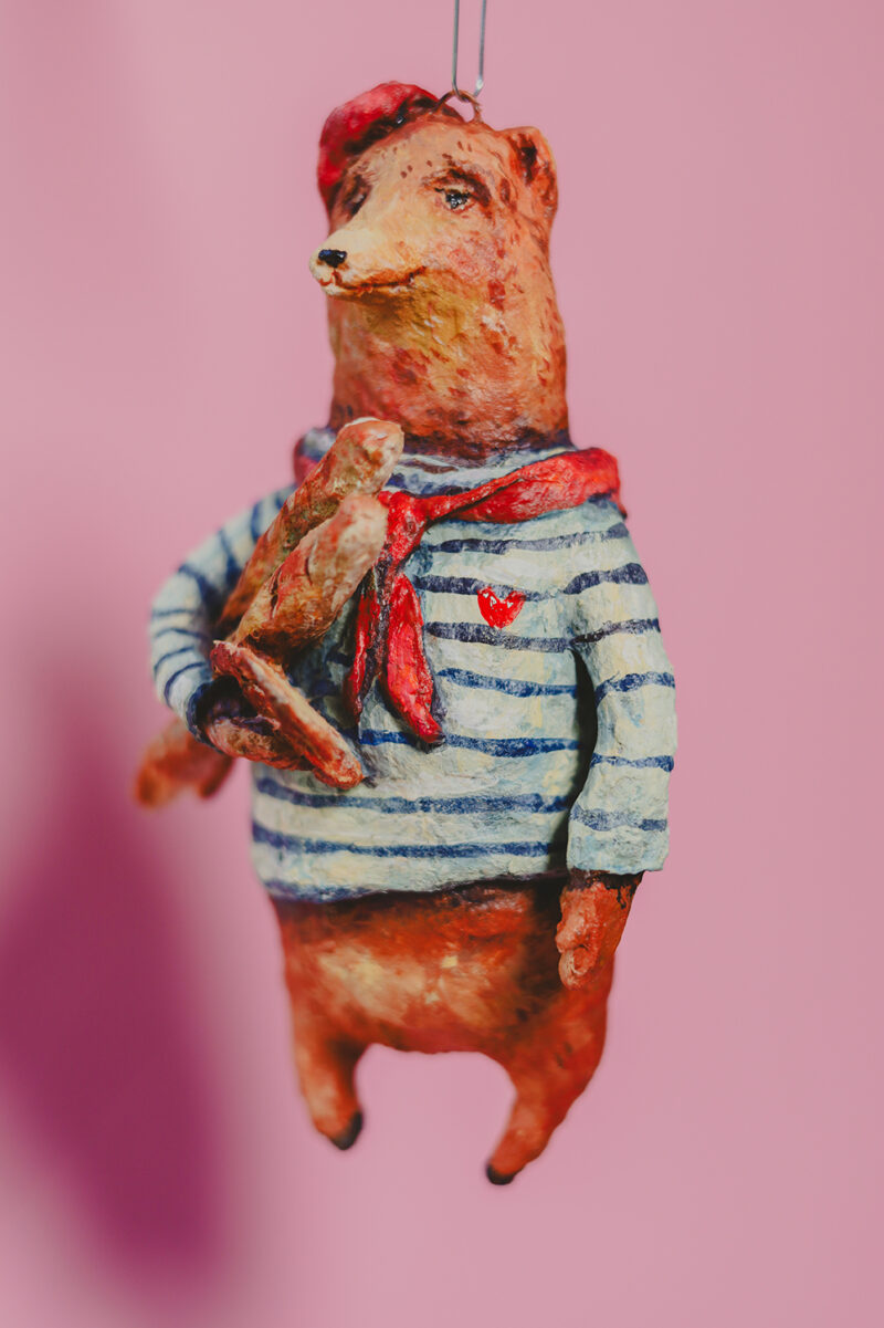 OOAK Spun Cotton Christmas Bear Ornament – Handmade Collectible Christmas Decoration – French Style Vintage Holiday Figurine