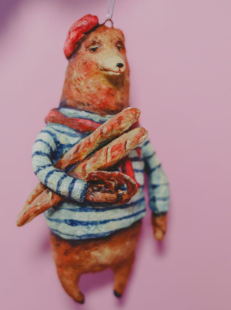 OOAK Spun Cotton Christmas Bear Ornament – Handmade Collectible Christmas Decoration – French Style Vintage Holiday Figurine