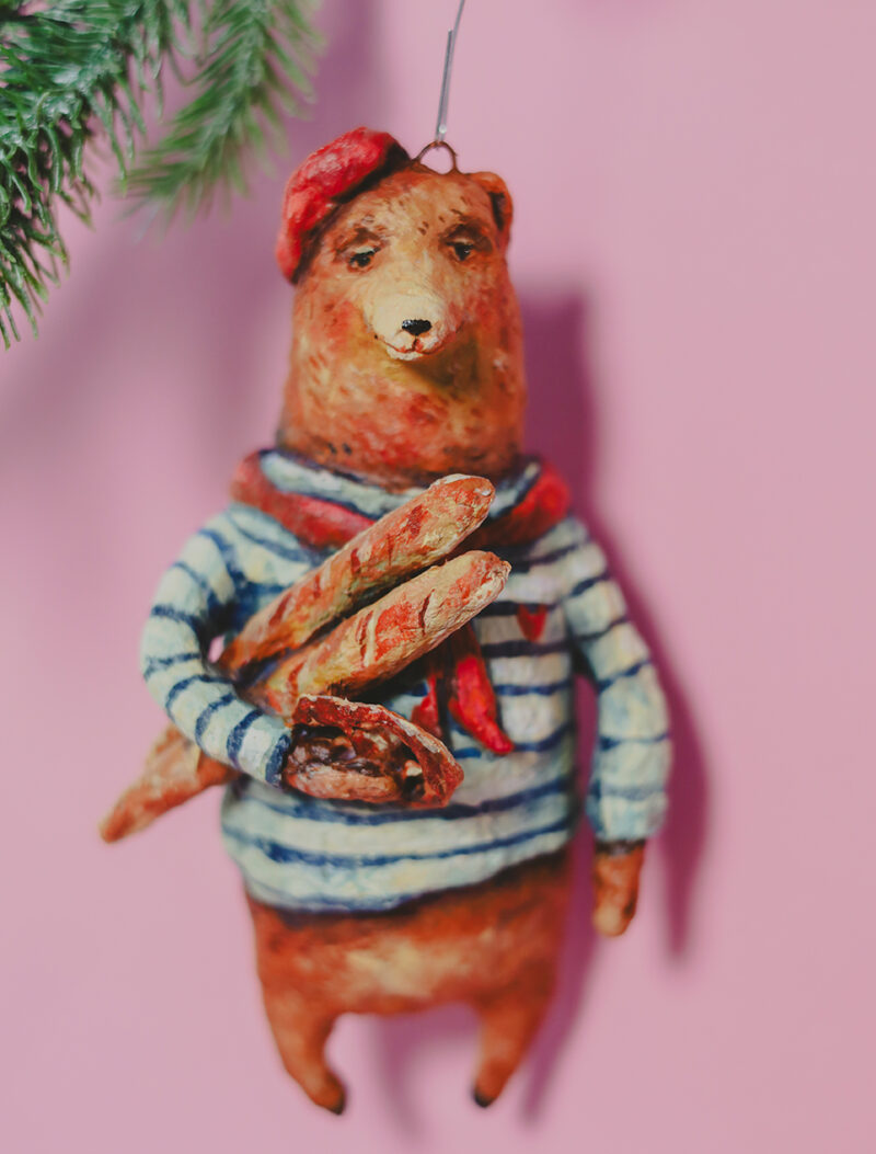 OOAK Spun Cotton Christmas Bear Ornament – Handmade Collectible Christmas Decoration – French Style Vintage Holiday Figurine