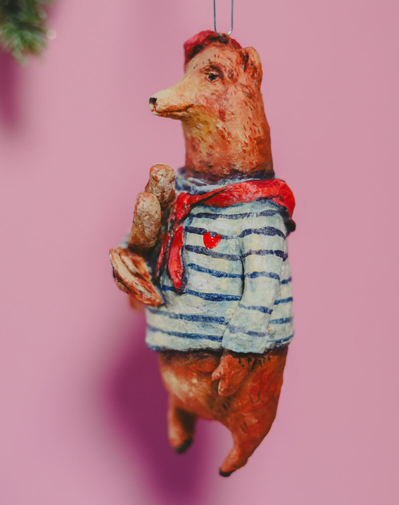 OOAK Spun Cotton Christmas Bear Ornament – Handmade Collectible Christmas Decoration – French Style Vintage Holiday Figurine