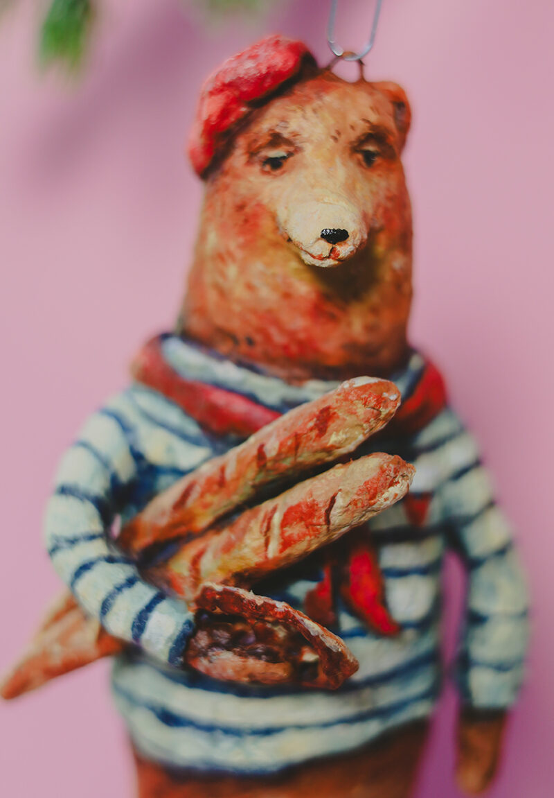 OOAK Spun Cotton Christmas Bear Ornament – Handmade Collectible Christmas Decoration – French Style Vintage Holiday Figurine