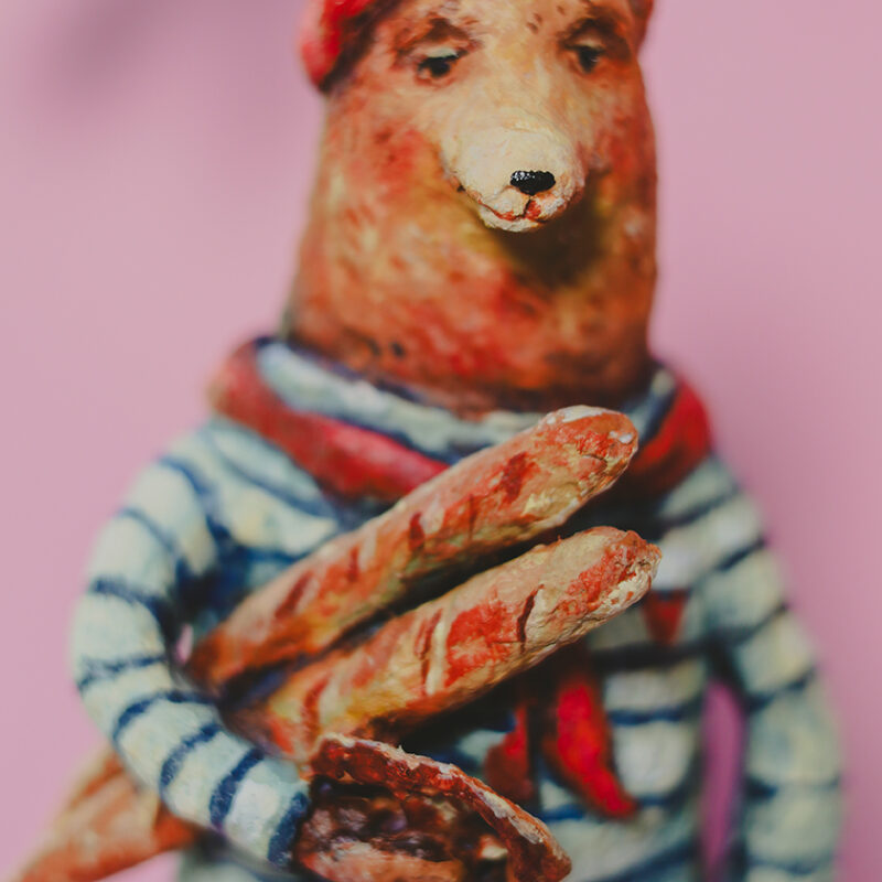 OOAK Spun Cotton Christmas Bear Ornament – Handmade Collectible Christmas Decoration – French Style Vintage Holiday Figurine