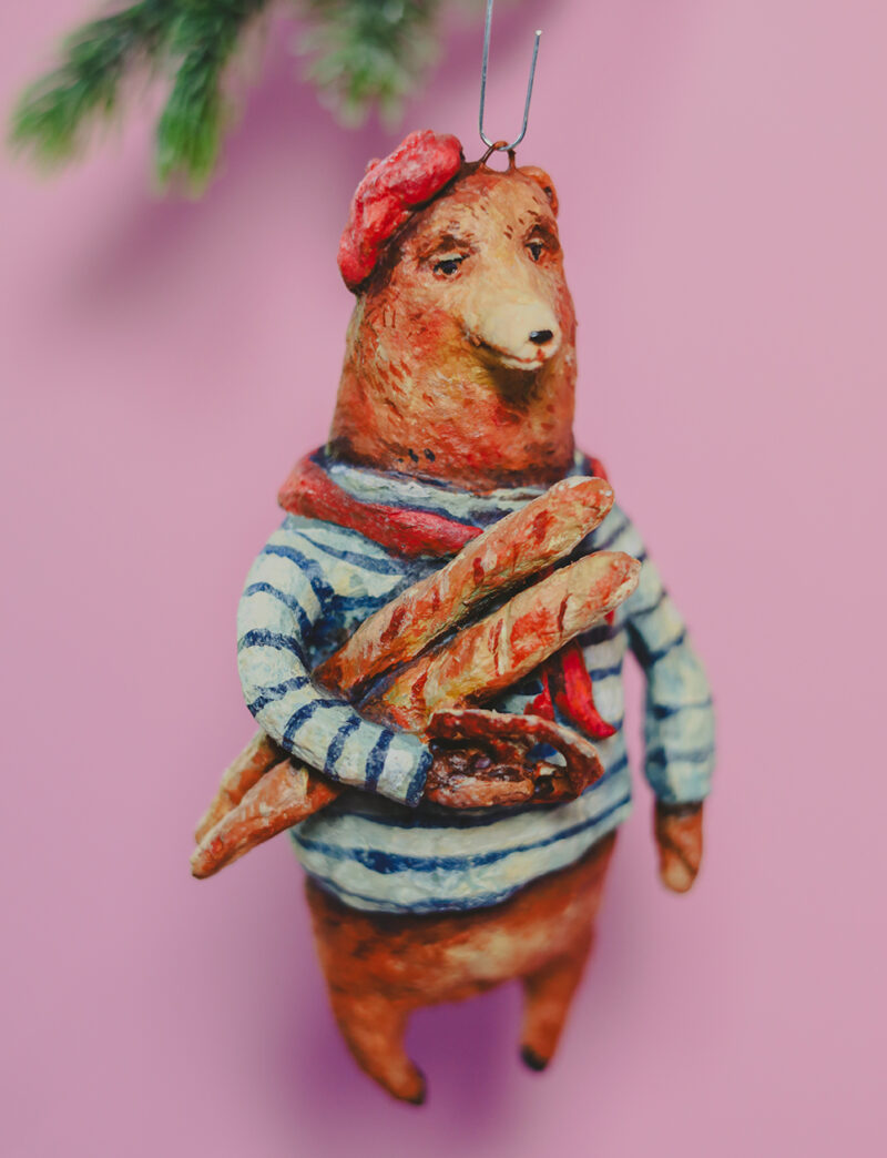 OOAK Spun Cotton Christmas Bear Ornament – Handmade Collectible Christmas Decoration – French Style Vintage Holiday Figurine