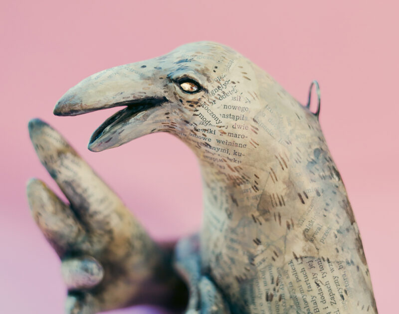 OOAK White Crow Wall Sculpture – Handmade Paper Mache Bird with Vintage Book Pages