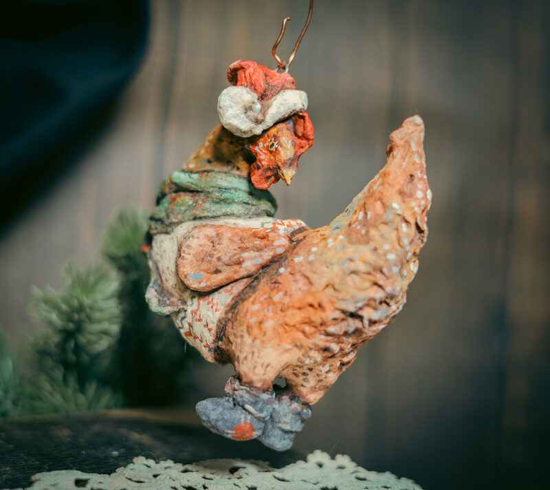 OOAK Spun Cotton Cinnamon Hen Ornament – Handmade Vintage Style Christmas Decoration – Collectible Holiday Figurine