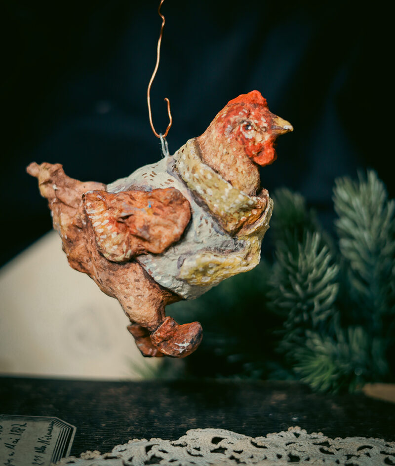 OOAK Spun Cotton Amber Hen Ornament – Handmade Vintage Christmas Decoration – Rustic Holiday Collectible