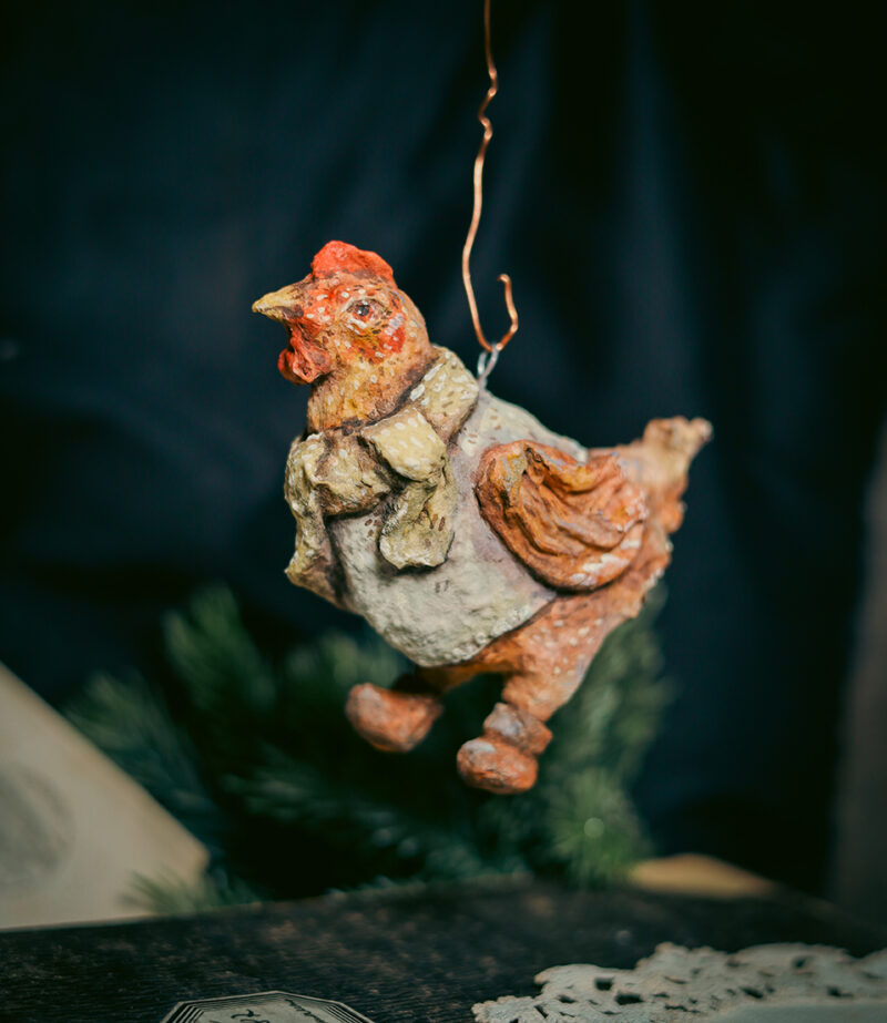 OOAK Spun Cotton Amber Hen Ornament – Handmade Vintage Christmas Decoration – Rustic Holiday Collectible