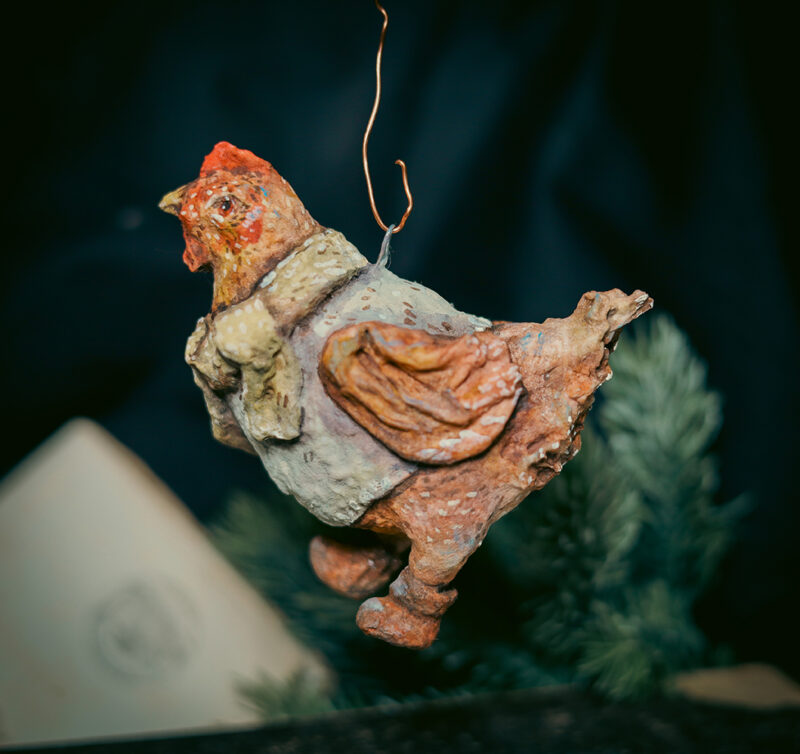 OOAK Spun Cotton Amber Hen Ornament – Handmade Vintage Christmas Decoration – Rustic Holiday Collectible