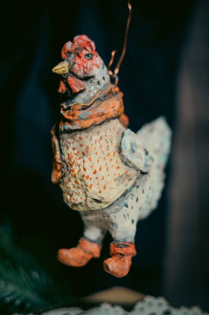 OOAK Spun Cotton Silver Hen Ornament – Handmade Collectible Christmas Decoration – Vintage Winter Figurine