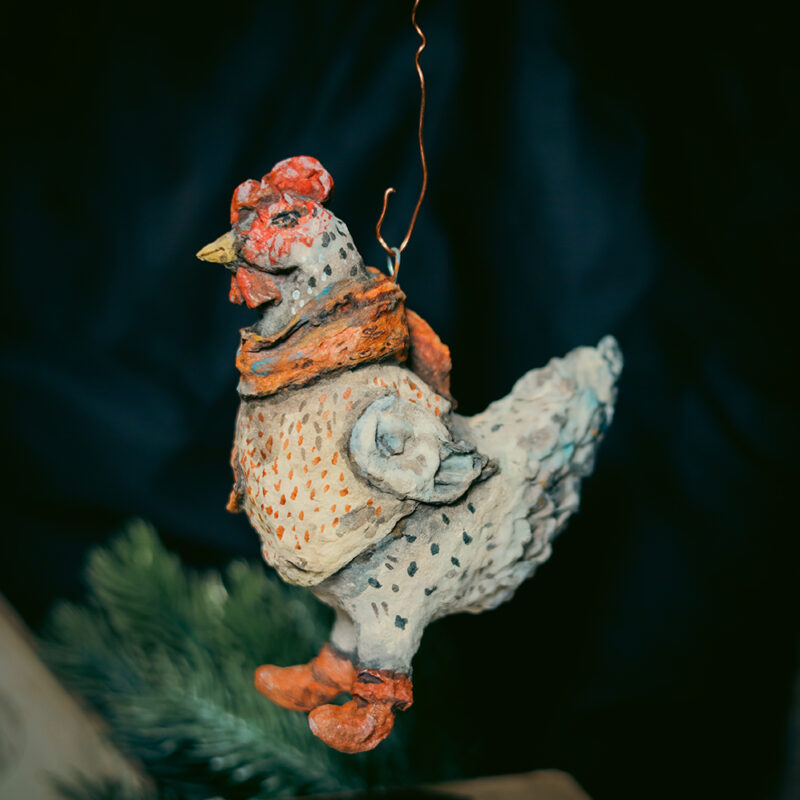 OOAK Spun Cotton Silver Hen Ornament – Handmade Collectible Christmas Decoration – Vintage Winter Figurine
