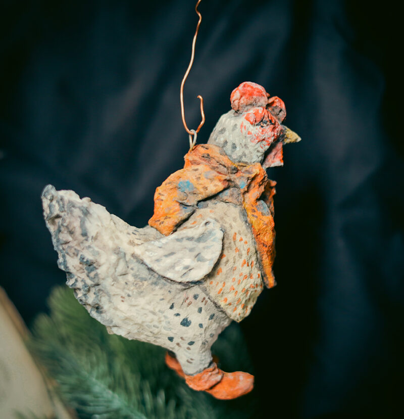 OOAK Spun Cotton Silver Hen Ornament – Handmade Collectible Christmas Decoration – Vintage Winter Figurine
