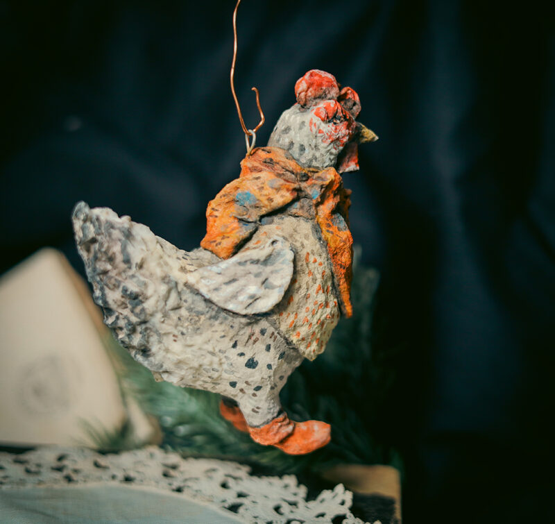OOAK Spun Cotton Silver Hen Ornament – Handmade Collectible Christmas Decoration – Vintage Winter Figurine
