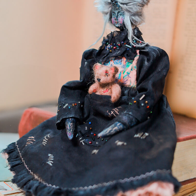 OOAK Black Unicorn Witch Doll with Teddy Companion – Handmade Art Doll