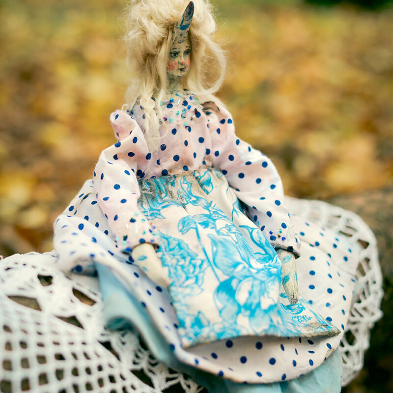 OOAK Unicorn Witch Doll – Paper Mache & Textile Art Doll in Blue with Beaded Cape