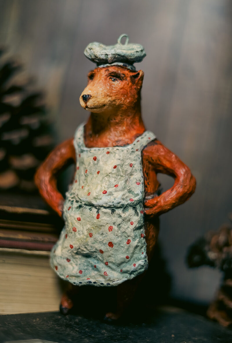 OOAK Spun Cotton Chef Bear Christmas Tree Ornament – Handmade Collectible Christmas Decoration – Vintage Style Holiday Figurine