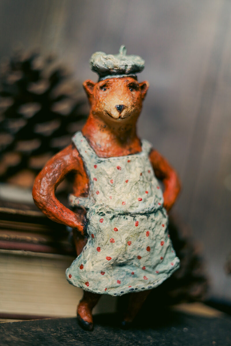 OOAK Spun Cotton Chef Bear Christmas Tree Ornament – Handmade Collectible Christmas Decoration – Vintage Style Holiday Figurine