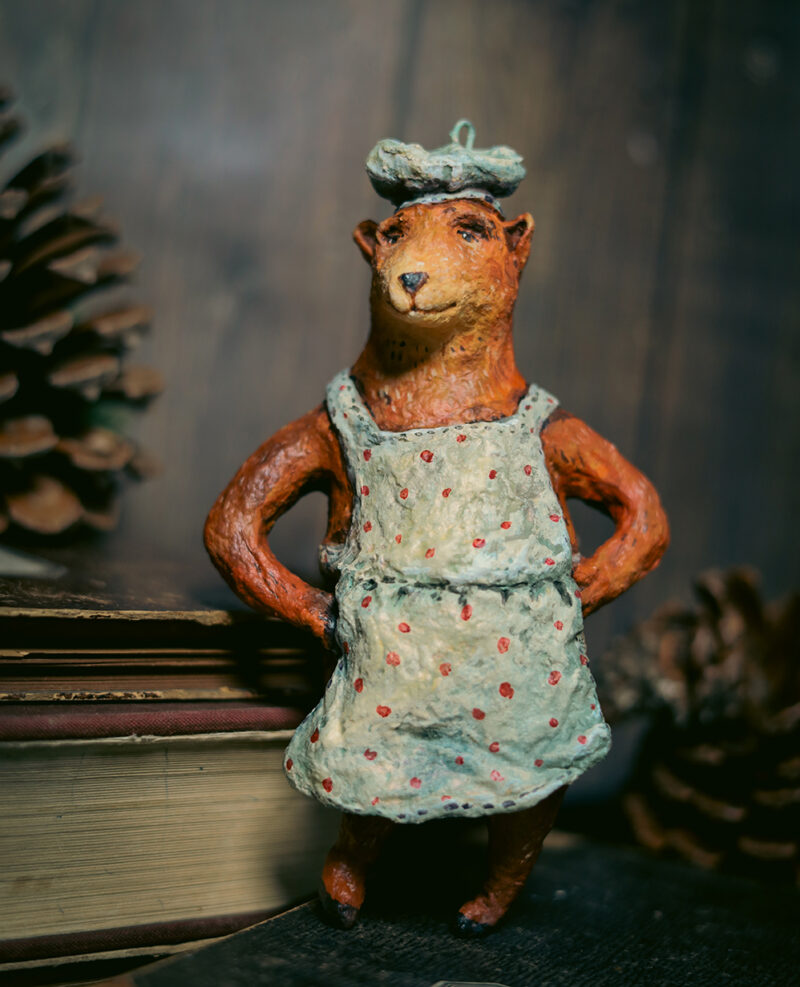 OOAK Spun Cotton Chef Bear Christmas Tree Ornament – Handmade Collectible Christmas Decoration – Vintage Style Holiday Figurine