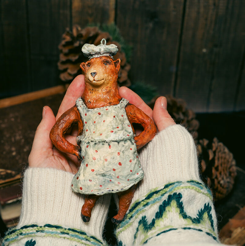 OOAK Spun Cotton Chef Bear Christmas Tree Ornament – Handmade Collectible Christmas Decoration – Vintage Style Holiday Figurine