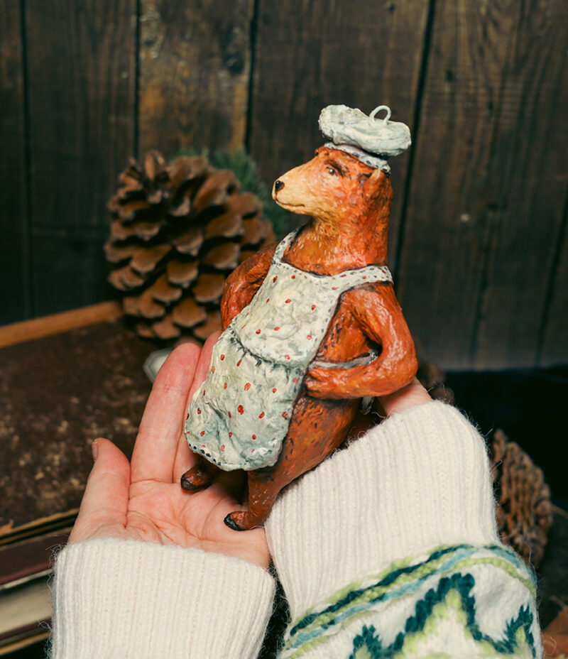OOAK Spun Cotton Chef Bear Christmas Tree Ornament – Handmade Collectible Christmas Decoration – Vintage Style Holiday Figurine