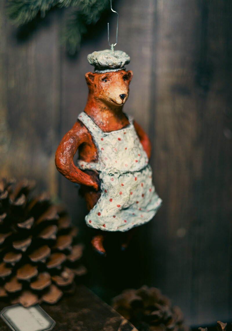 OOAK Spun Cotton Chef Bear Christmas Tree Ornament – Handmade Collectible Christmas Decoration – Vintage Style Holiday Figurine