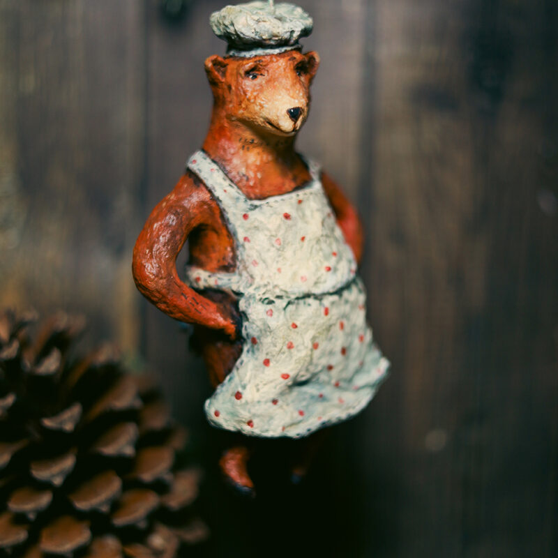 OOAK Spun Cotton Chef Bear Christmas Tree Ornament – Handmade Collectible Christmas Decoration – Vintage Style Holiday Figurine