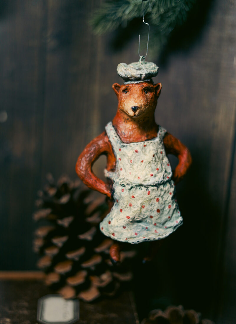 OOAK Spun Cotton Chef Bear Christmas Tree Ornament – Handmade Collectible Christmas Decoration – Vintage Style Holiday Figurine