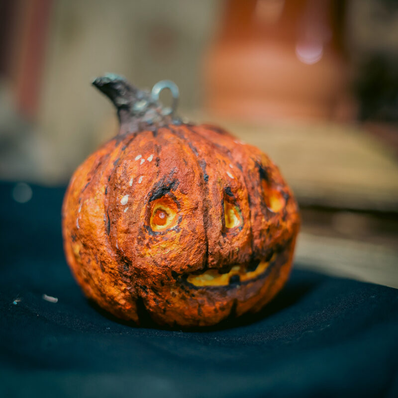 OOAK Spun Cotton Pumpkin Jack-o'-lantern Ornament with Orange Crystal Eyes – Handmade Collectible Halloween Decoration