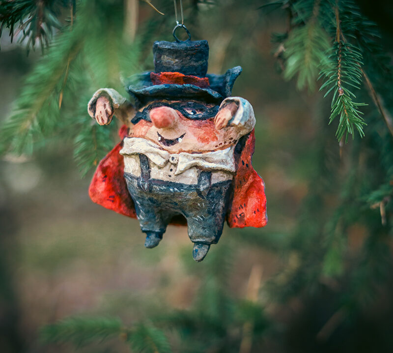 OOAK Spun Cotton Vampire Ornament in Top Hat – Handmade Collectible Halloween Decoration – Vintage Style Figurine