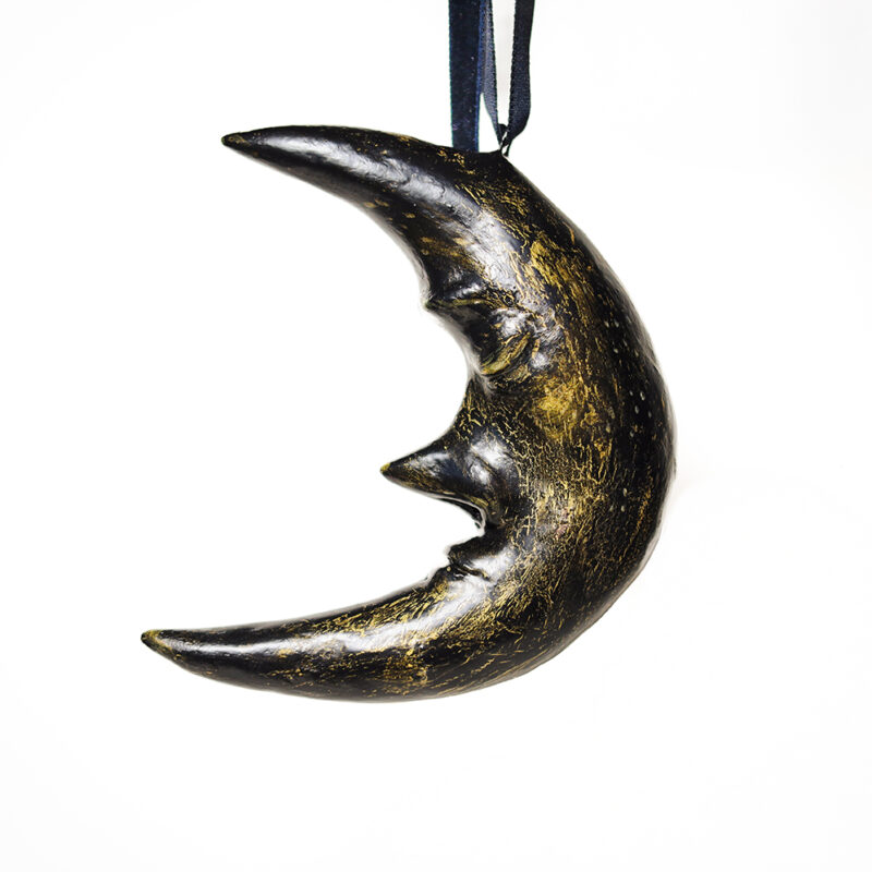 Black Crescent Moon Ornament – Handmade Paper Mache Wall Hanging with Antique Gold Patina