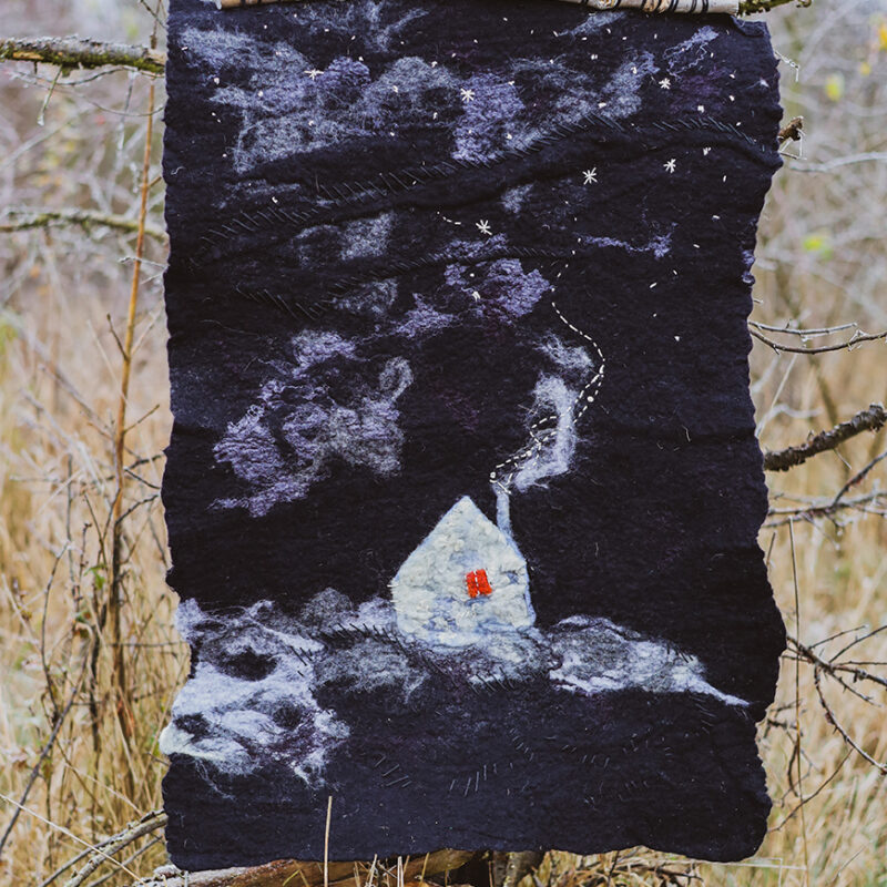 Hand-felted wool wall hanging Night Landscape Fiber Art Tapestry