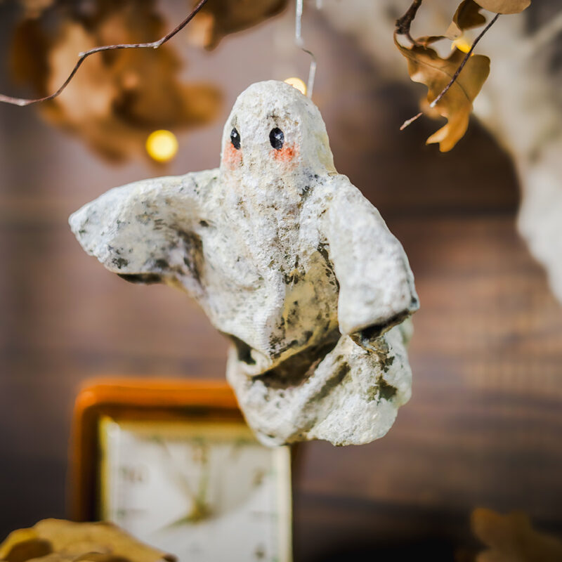 OOAK Spun Cotton Floating Ghost Ornament – Handmade Collectible Halloween Decoration – Vintage Style Figurine