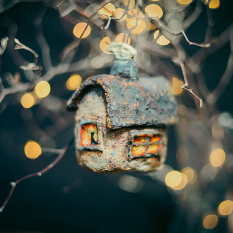 OOAK Spun Cotton Haunted House Ornament – Handmade Collectible Halloween Decoration – Glowing Windows & Cat Silhouette