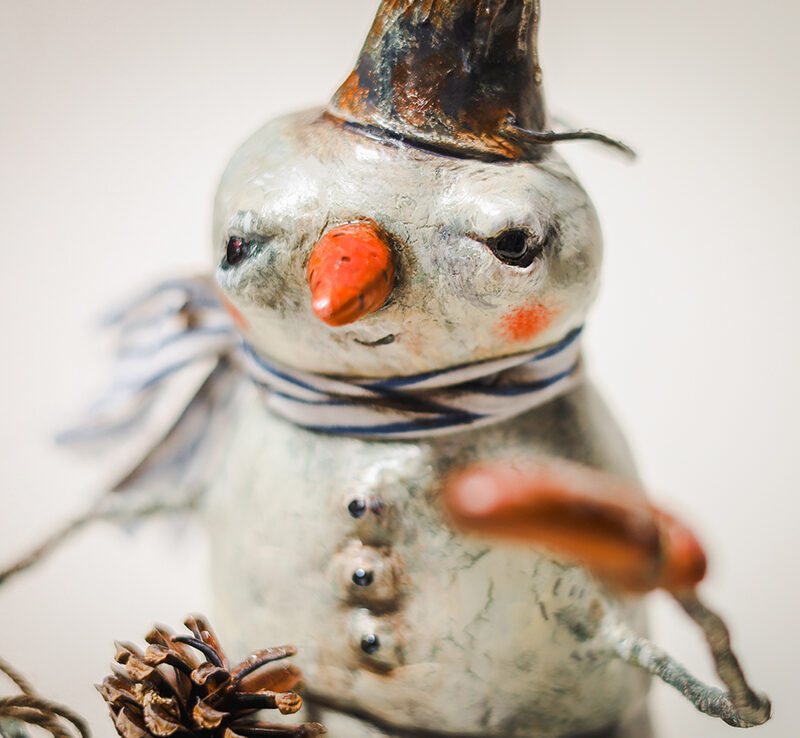 Vintage-Style Snowman Figurine – Handmade Clay Sculpture with Pinecone and Winter Charm
