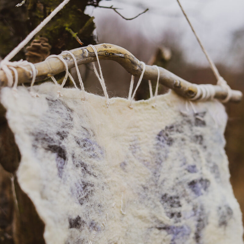 Hand-felted wool wall hanging Minimalist Fiber Art Tapestry with Red Leaf