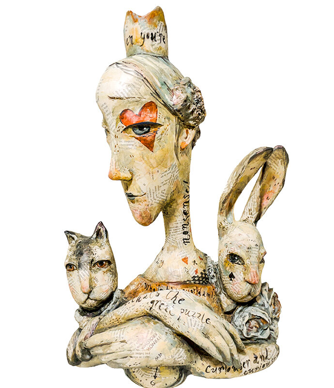 Queen of Nonsense with Rabbit and Cat – original mixed media sculpture