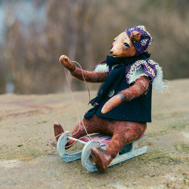 Bear on Vintage Sled — Handmade Art Doll