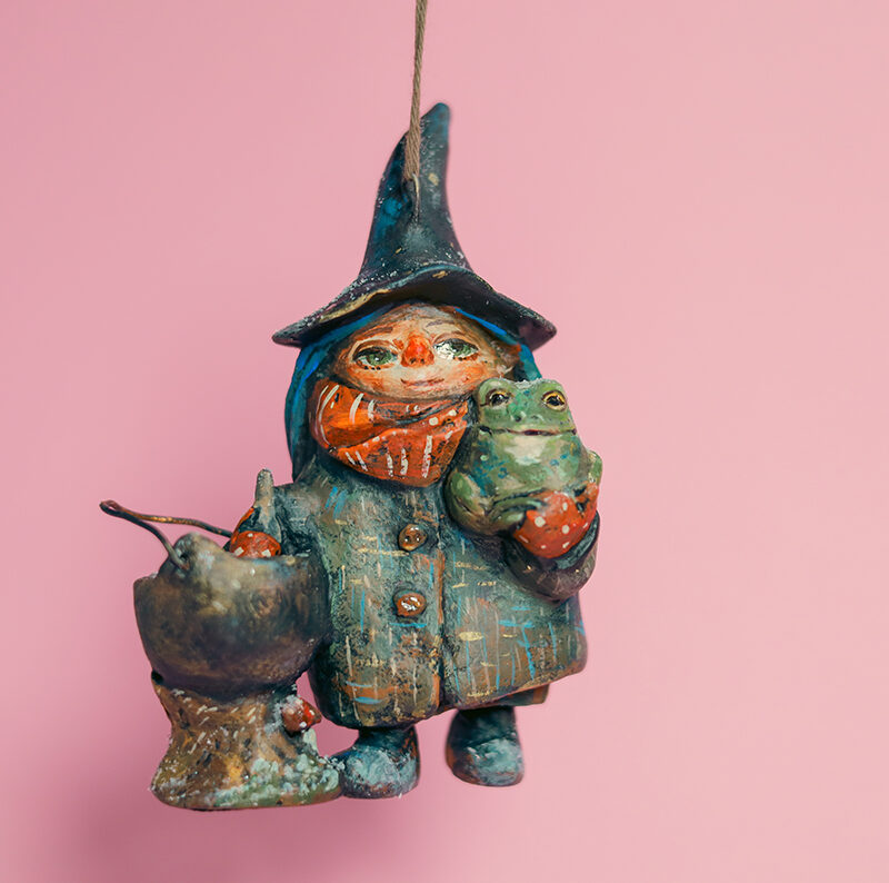BRISTLE — Hanging Witch Paper Mache Ornament with Cauldron & Frog