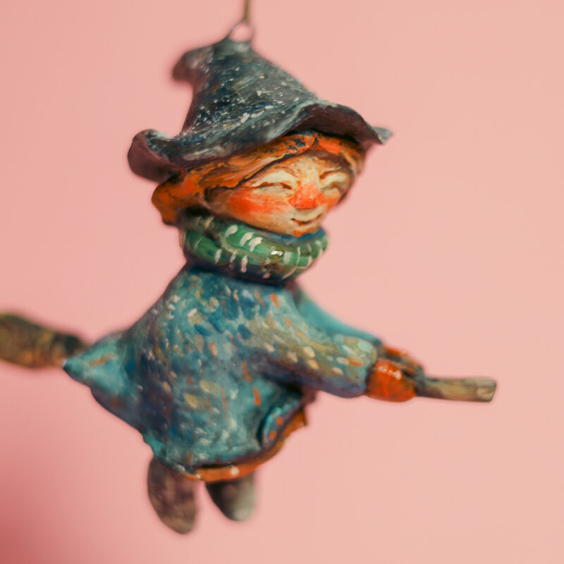MIRA — Hanging Witch Paper Mache Ornament with Broom