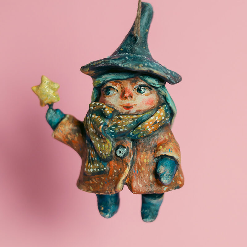 LIORA Witch with a Star — Handmade Hanging Paper Mache Winter Ornament